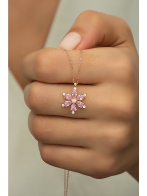 Nereze 925 Ayar Gümüş Rose Pembe Zirkon Taşlı Çiçek Kolye