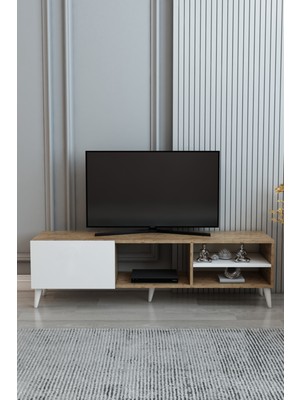 Izco Design Luna Tv Ünitesi 150 cm Genişlik Çam Beyaz Tek Kapaklı Raflı Tv Sehpası