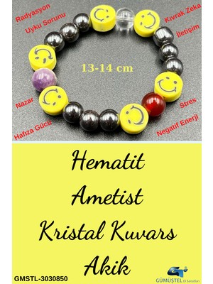Gümüştel El Sanatları Unisex Doğal Taş Çocuk Bilekliği Ametist Hematit Kristal Kuvars Akik