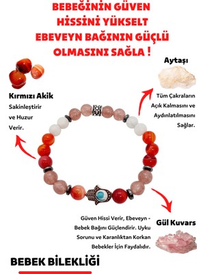 Gümüştel El Sanatları Bebek Doğal Taş Unisex Tılsım Bilekliği (Aytaşı Gül Kuvars Kırmızı Akik Bileklik)