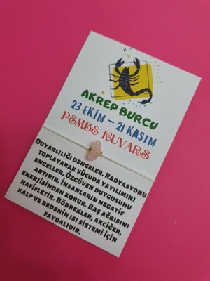 Gümüştel El Sanatları Akrep Burcu Pembe Kuvars Doğal Taşlı Ip Burç Bilekliği