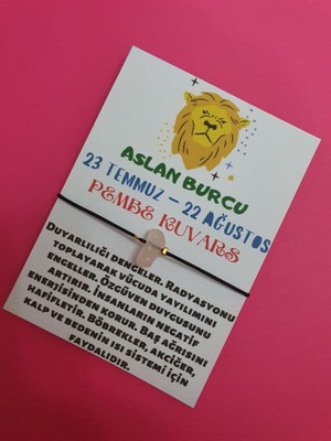 Gümüştel El Sanatları Aslan Burcu Pembe Kuvars Doğal Taşlı Ip Burç Bilekliği