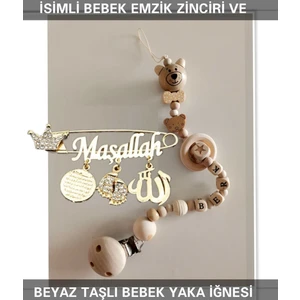 Sahi Aksesuar Isimli Bebek Emzik Zinciri ve Beyaz Taşlı Bebek Yaka Iğnesi