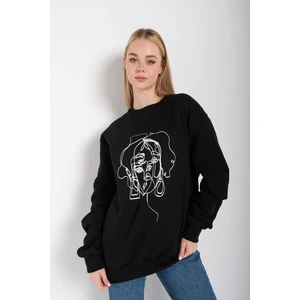 Kadın Çizgili Figür Baskılı Oversize Sweatshirt