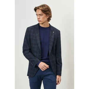 ALTINYILDIZ CLASSICS Erkek Lacivert Slim Fit Dar Kesim Mono Yaka Ekose Desenli Blazer Ceket