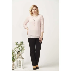 Moda Berray 1934 Pembe  Kolye Yakalı Şifon Büyük Beden Şık Bluz Açık