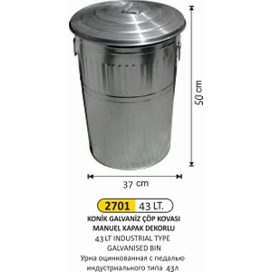 Arı Metal Galvaniz Çöp Kovası 1 No 43 Lt Konik Manuel Kapaklı 37X50 cm