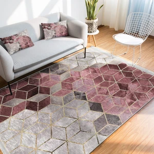 Pembe - Gri Zeminde Mozaik Motifli Geometrik Desenli Geometrik Klasik Dijital Baskılı Makinede Yıkanabilir Kaymaz Taban Saçaklı Halı