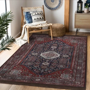 Lacivert Kırmızı Zeminde Uşak Motifli Yöresel Desenli Etnik Motifler Vintage Dijital Baskılı Makinede Yıkanabilir Kaymaz Taban Saçaklı Halı