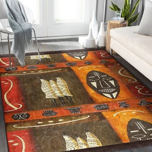 Turuncu Kahverengi Zeminde Mask Motifli Afrika Desenli Etnik Motifler Bohem Dış Mekan & Outdoor Ofis Dijital Baskılı Makinede Yıkanabilir Kaymaz Taban Saçaklı Halı