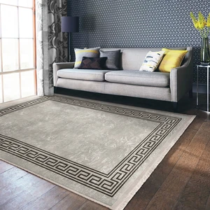Kahverengi - Bej Zeminde Çerçeveli Motifli Kilim Desenli Avangarde Geometrik Dijital Baskılı Makinede Yıkanabilir Kaymaz Taban Saçaklı Halı