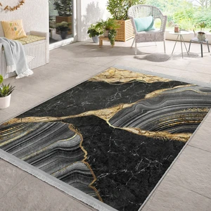 Gold - Siyah Zeminde Mermer Motifli Modern Sanat Desenli Klasik Banyo Balkon Dijital Baskılı Makinede Yıkanabilir Kaymaz Taban Saçaklı Halı
