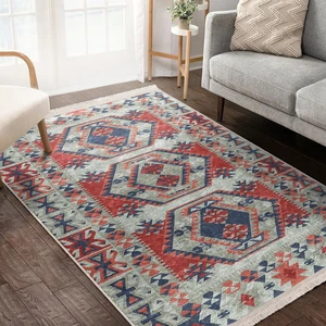 Kırmızı Zeminde Kilim Motifli Geleneksel Desenli Avangarde Etnik Motifler Dijital Baskılı Makinede Yıkanabilir Kaymaz Taban Saçaklı Halı