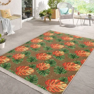 Hasır Zeminde Egzotik Yapraklar Motifli Turuncu ve Yeşil Lotus Desenli Floral Summer & Fresh Dış Mekan & Outdoor Yatak Odası Dijital Baskılı Makinede Yıkanabilir Kaymaz Taban Saçaklı Halı