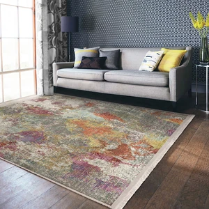 Krem Zeminde Örgü Motifli Kilim Desenli Eskitme Motifli Modern Dijital Baskılı Makinede Yıkanabilir Kaymaz Taban Saçaklı Halı