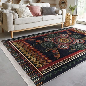 Lacivert Zeminde Antik Motifli Dokuma Halı Desenli Avangarde Vintage Salon & Oturma Odası Salon & Oturma Odası Dijital Baskılı Makinede Yıkanabilir Kaymaz Taban Saçaklı Halı
