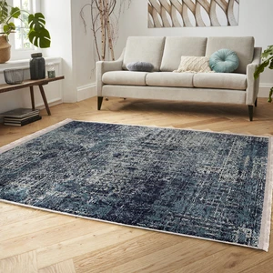 Lacivert Zeminde Örme Motifli Kilim Desenli Eskitme Motifli Vintage  Dijital Baskılı Makinede Yıkanabilir Kaymaz Taban Saçaklı Halı