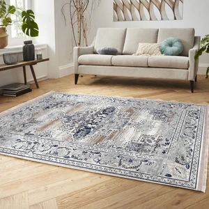 Gri Zeminde Retro Motifli Dokuma Halı Desenli Etnik Motifler Eskitme Motifli Salon & Oturma Odası Yatak Odası Dijital Baskılı Makinede Yıkanabilir Kaymaz Taban Saçaklı Halı