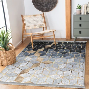 Gri - Mavi Zeminde Mozaik Motifli Geometrik Desenli Geometrik Klasik Mutfak Banyo Dijital Baskılı Makinede Yıkanabilir Kaymaz Taban Saçaklı Halı
