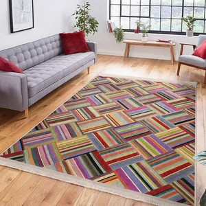 Çok Renkli Zeminde Patchwork Motifli Geleneksel Desenli Geometrik Klasik Koridor & Antre Banyo Dijital Baskılı Makinede Yıkanabilir Kaymaz Taban Saçaklı Halı