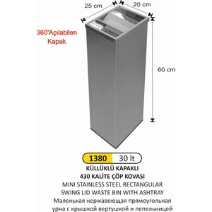 Arı Metal Dikdörtgen Çatı Kapaklı Küllüklü Çöp Kovası Paslanmaz Küçük