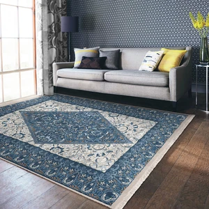 Mavi - Krem Zeminde Iran Motifli Dokuma Desenli Avangarde Vintage Salon & Oturma Odası Salon & Oturma Odası Dijital Baskılı Makinede Yıkanabilir Kaymaz Taban Saçaklı Halı