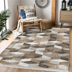 Kahverengi Zeminde Eskitme Motifli Geometrik Desenli Geometrik  Dijital Baskılı Makinede Yıkanabilir Kaymaz Taban Saçaklı Halı