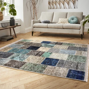 Anadolu Zeminde Patchwork Motifli Etnik Desenli Vintage  Dijital Baskılı Makinede Yıkanabilir Kaymaz Taban Saçaklı Halı