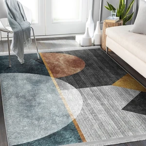 Geometrik Zeminde Dokuma Halı Motifli Çizgili Desenli Geometrik Klasik  Dijital Baskılı Makinede Yıkanabilir Kaymaz Taban Saçaklı Halı