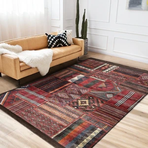 Kiremit Zeminde Kilim Motifli Eskitme Desenli Avangarde Etnik Motifler Dijital Baskılı Makinede Yıkanabilir Kaymaz Taban Saçaklı Halı