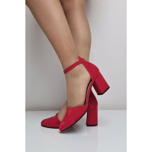 Mas Mevsim Ayakkabı KY51 Bilekten Bağlı Kadın Kalın Topuklu Ayakkabı Kırmızı Süet