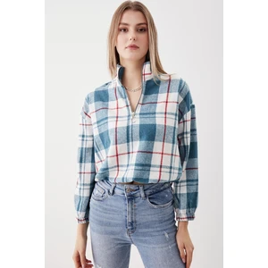 Fermuarlı Dik Yaka Ekose Desen Sweat