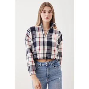 Fermuarlı Dik Yaka Ekose Desen Sweat