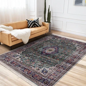 Yeşil Zeminde Göbekli Halı Motifli Pers Desenli Eskitme Motifli Vintage Salon & Oturma Odası Yatak Odası Dijital Baskılı Makinede Yıkanabilir Kaymaz Taban Saçaklı Halı