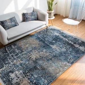 Krem - Mavi Zeminde Eskitme Motifli Retro Desenli Eskitme Motifli Modern Koridor & Antre Ofis Dijital Baskılı Makinede Yıkanabilir Kaymaz Taban Saçaklı Halı
