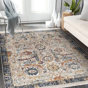 Ekru - Mavi Zeminde Otantik Motifli Osmanlı Desenli Avangarde Eskitme Motifli Salon & Oturma Odası Dış Mekan & Outdoor Dijital Baskılı Makinede Yıkanabilir Kaymaz Taban Saçaklı Halı