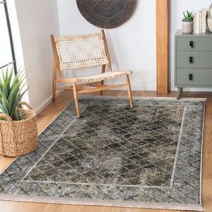 Kahverengi - Gri Zeminde Çerçeveli Motifli Morrocan Desenli Eskitme Motifli Geometrik Salon & Oturma Odası Dış Mekan & Outdoor Dijital Baskılı Makinede Yıkanabilir Kaymaz Taban Saçaklı Halı