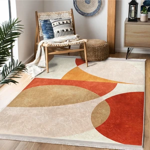 Turuncu - Krem Zeminde Abstract Motifli Tablo Desenli Bohem Modern Salon & Oturma Odası Yatak Odası Dijital Baskılı Makinede Yıkanabilir Kaymaz Taban Saçaklı Halı