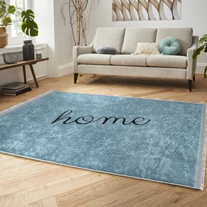 Mavi - Siyah Zeminde Home Yazılı Motifli Düz Renk Desenli Sade & Şık Klasik Salon & Oturma Odası Koridor & Antre Dijital Baskılı Makinede Yıkanabilir Kaymaz Taban Saçaklı Halı