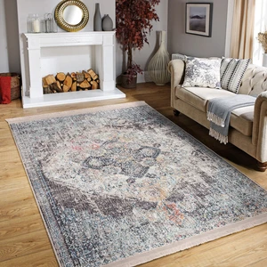 Krem Zeminde Antik Motifli Göbekli Halı Desenli Vintage Eskitme Motifli Salon & Oturma Odası Koridor & Antre Dijital Baskılı Makinede Yıkanabilir Kaymaz Taban Saçaklı Halı