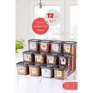Nandy Home 12'li Set Etiketli, Kırılmaz Kare Erzak Saklama Kabı Antrasit X4 1,75 Lt/1,2 Lt/0,5 Lt
