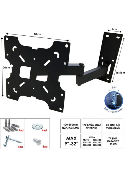 LCD Askı Aparatı Hareketli Çift Kollu 9"/32" 22-82CM