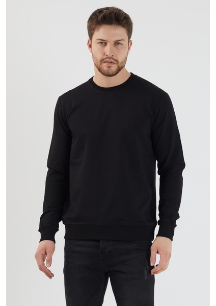 Plaın Erkek Siyah Basic Bisiklet Yaka Ince Sweatshirt