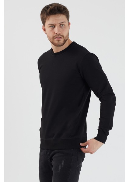 Plaın Erkek Siyah Basic Bisiklet Yaka Ince Sweatshirt