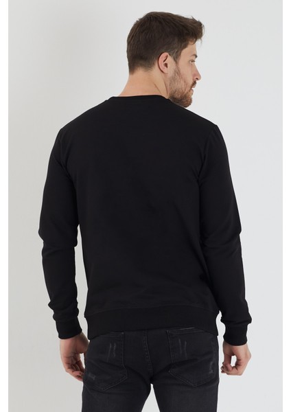 Plaın Erkek Siyah Basic Bisiklet Yaka Ince Sweatshirt