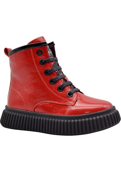Lilly Bağcıklı ve Fermuarlı Deri Kız Çocuk Bot Kırmızı