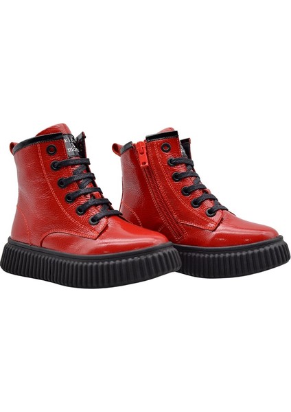 Lilly Bağcıklı ve Fermuarlı Deri Kız Çocuk Bot Kırmızı fiyatları