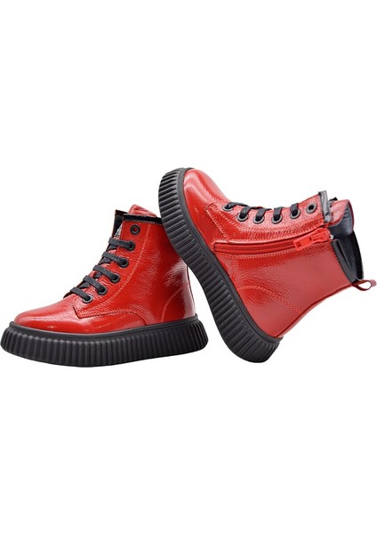 Lilly Bağcıklı ve Fermuarlı Deri Kız Çocuk Bot Kırmızı fırsatları