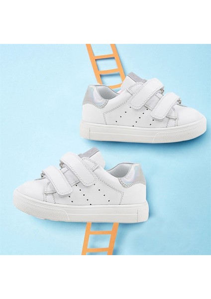 Papillon Çift Cırtlı Deri Kız Çocuk Ayakkabı Beyaz-Gümüş fiyatları