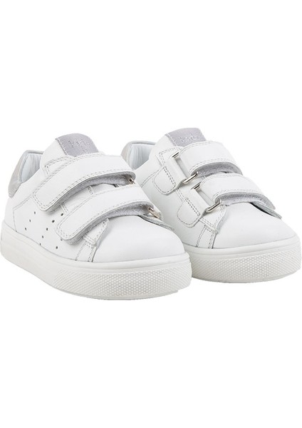 Papillon Çift Cırtlı Deri Kız Çocuk Ayakkabı Beyaz-Gümüş modelleri